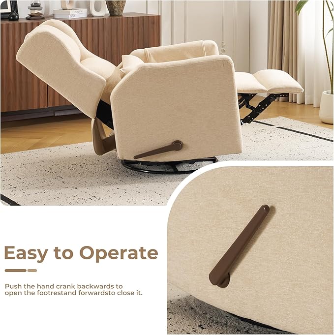 Swivel Rocker Recliner Chair,Comfy Glider Rocker Recliner with Adjustable Headrest,Rocking Chair Nursery for Living Room & Bedroom,Chenille,Beige