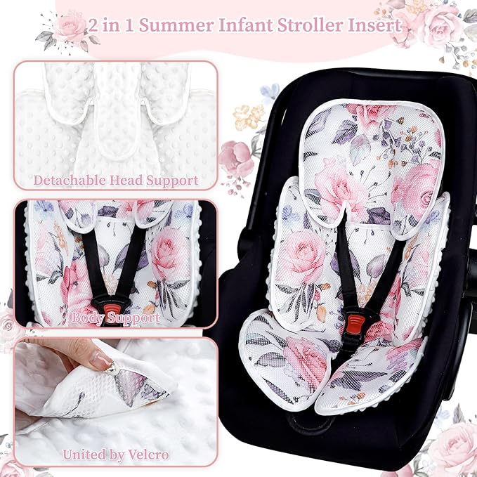 Mesh Baby Car Seat Head and Body Support, Pea Pod Infant Car Seat Insert for Newborn with Minky Dot Backing & Colorfast Stylish Floral Patterns, Suitable for Baby Car Seats, Stroller, and Baby Swings
