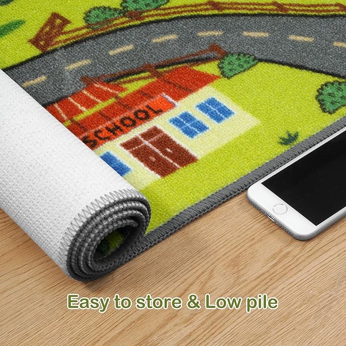 STARUIA 60" x 32" Washable Kids Rug for Playroom, Boys Baby Car Rugs for Kids Toy Cars Have Fun Safely, Educational Farm Road Play Rug Race Track Carpets for Kid Room Bedroom