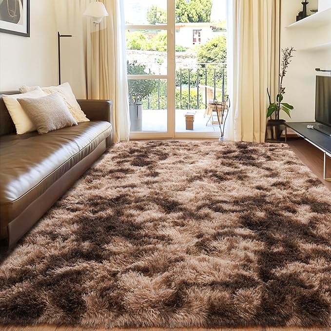 Rugs for Living Room 9x12, Soft Shaggy Modern Shag Area Rug for Bedroom, Upgrade Non-Slip Plush Fluffy Carpet for Kids Boys Girls Room Home Decor Aesthetic, Tie-Dyed Brown