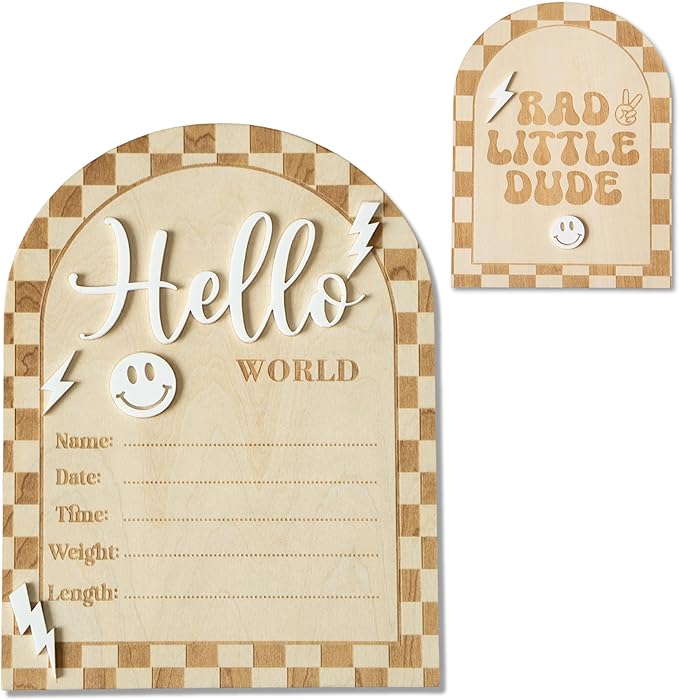 Baby Announcement Sign, Hello World Newborn Sign for Hospital, Rad Little Dude Card, Baby Announcements Ideas, Newborn Photography Props Double-Sided (HW2)