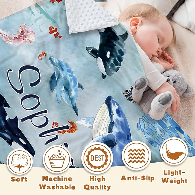 Custom Baby Blanket - Ocean Animals Theme Personalized Name Blanket for Boys Girls, Soft Infant Toddler Blanket with Whale and Dolphin, Customizable Nursery Bedding (60" x80)