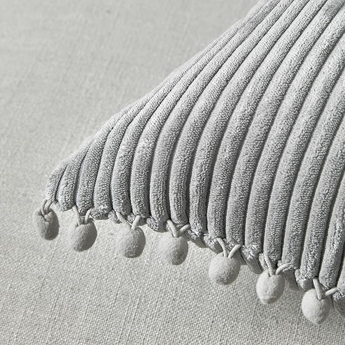 Fancy Homi Pack of 2 Boho Neutral Grey Lumbar Decorative Throw Pillow Covers with Pom-poms, Soft Corduroy Solid Rectangle Cushion Cases Set for Couch Sofa Bedroom Car(12x20 Inch/30x50 cm)