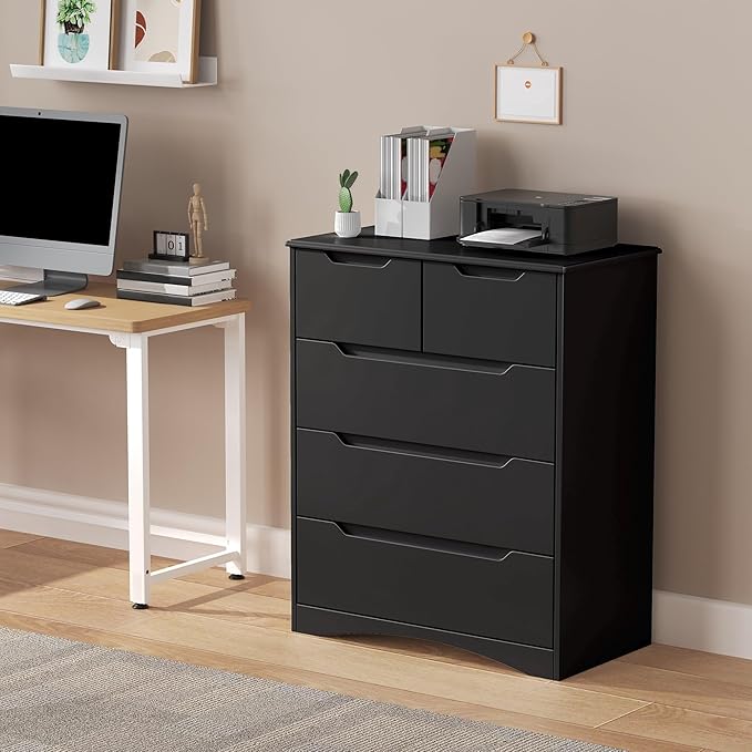 Gizoon 5 Drawers Chest, Black Dresser for Bedroom with Large Storage Capacity, Chest of Drawers with Embedded Handle, Sturdy Anti-Tripping Device for Hallway, Office, Living Room