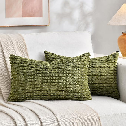Fancy Homi 2 Packs Boho Moss Green Decorative Throw Pillow Covers 12x24 Inch for Couch Bed Sofa, Rustic Modern Farmhouse Home Decor, Soft Plush Corduroy Cute Rectangle Cushion Case 30x60 cm
