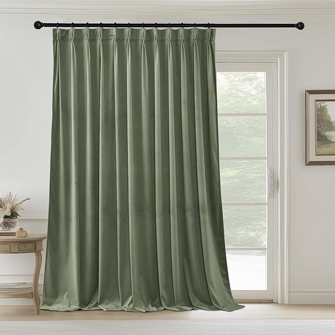 StangH Pinch Pleated Sage Green Velvet Curtains for Sliding Door, Extra Wide Light Reducing Privacy Room Divider Super Soft Back Tab Energy Efficient Drapes for Bedroom, W72 x L84, 1 Panel