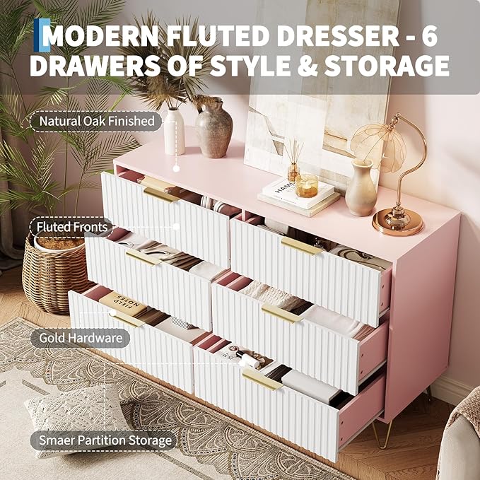 Garvee Fluted Dresser for Bedroom with 6 Drawers,47" Wide Modern Chest of Wooden Bedroom Chest with Metal Handle,Clothes Storage Organizer,Closet Dresser & TV Stand for Living Room,Hallway,6&Pink