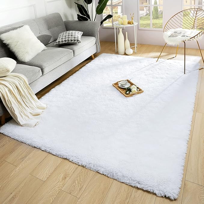 Merelax Soft Modern Indoor Large Shaggy Rug for Livingroom Bedroom Dorm Kids Room Home Decorative, Non-Slip Plush Fluffy Furry Fur Area Rugs Comfy Nursery Accent Floor Carpet 6x9 Feet, White