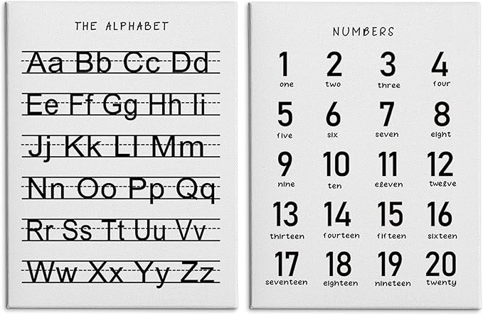 HRQKO Alphabet Numbers Nursery Canvas Wall Art Set of 2, Kids Room Decor Framed Art, ABC Numbers Learning Posters Wall Decor for Classroom Toddler Kids Nursery Bedroom Playroom, 11x14 inch