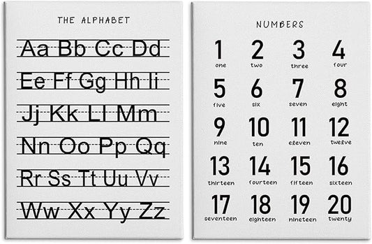 HRQKO Alphabet Numbers Nursery Canvas Wall Art Set of 2, Kids Room Decor Framed Art, ABC Numbers Learning Posters Wall Decor for Classroom Toddler Kids Nursery Bedroom Playroom, 11x14 inch