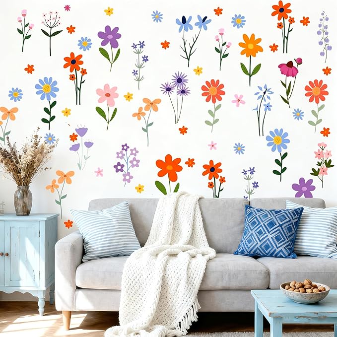 102Pcs Flower Wall Decals Peel and Stick, DIY Spring Themed Floral Wall Stickers, Removable Wildflower Spring Art for Girls Bedroom, Kids Room, Nursery, Living Room, Bathroom, Kitchen Home Wall Decor