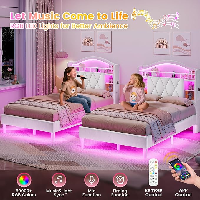 ADORNEVE Twin Size Bed Frame with LED Lights, Princess Velvet Upholstered Platform Bed for Girls, Headboard with Charging Station & Guardrail & Crystal Button, No Box Spring Needed, Beige