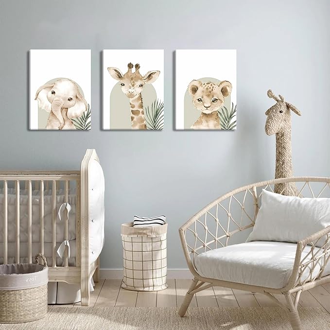 Nursery Wall Decor Set of 3, Cute Animal Lion Elephant Baby Pictures Poster Prints, Giraffe Jungle Canvas Wall Art Woodland Nursery Decor for Boys Girls Room Decoration 16x24 inch Framed