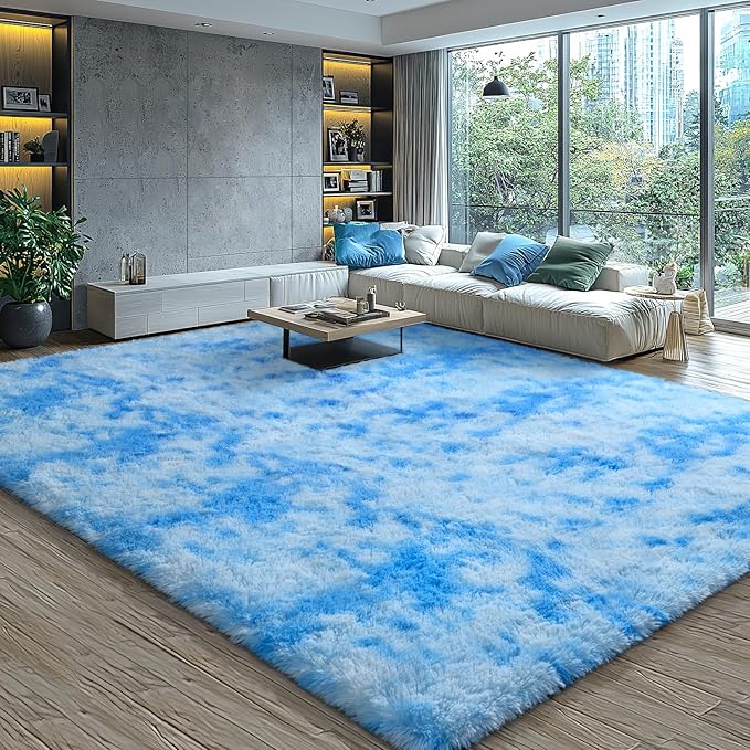 EVOIONOS Area Rug for Bedroom Living Room, Machine Washable 4x6 Fluffy Shag Rug, Soft Plush Non Slip Carpet for Indoor Floor Bedside Nursery Girls Kids Room Dorm, Home Decor Aesthetic, Tie-Dyed Blue