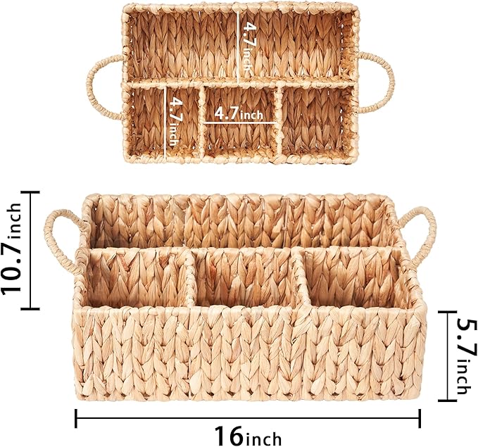 Wicker Basket Divided Storage with Handles - Natural Water Hyacinth Organizer for Diaper Essentials, Kitchen Utensils, Bathroom & Nursery Organization, 4 Compartments