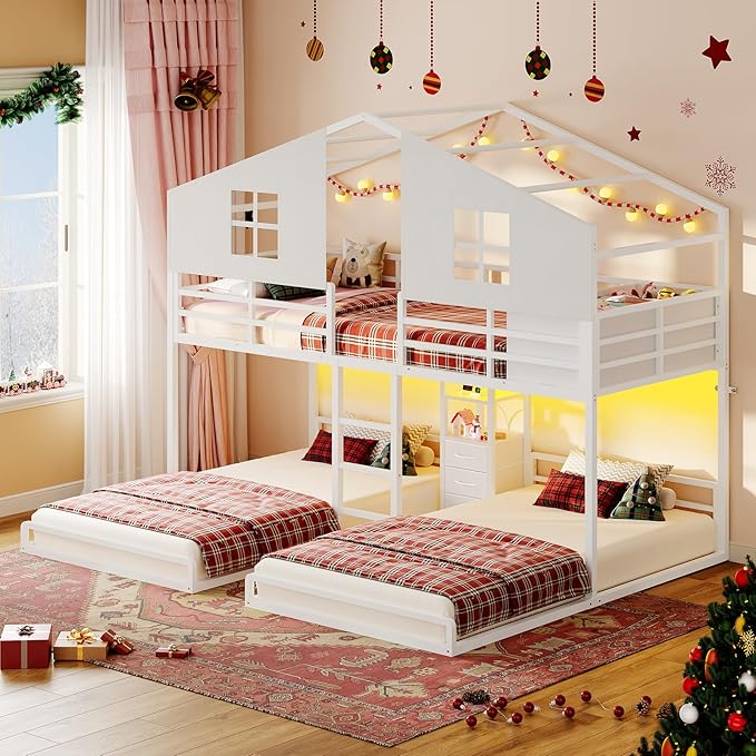 BTHFST Triple Bunk Bed Twin Size with House, 4 Storage Drawers, Charging Station and LED Lights, Metal Kids Bunk Bed with 13.4" H Safety Guardrail and Play Curtain, DIY House Shaped Bed, White