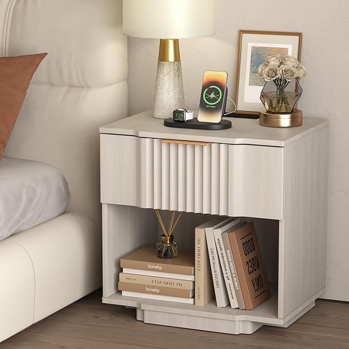 XIAO WEI End Table with Charging Station, 20W Fast Charger Fluted Side Table, Sofa Table with Drawer and Open Shelf,End Table for Living Room,White