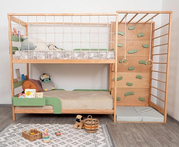 BUSY WOOD Montessori Floor Twin Bed with Rails - Smart Kids Bunk Twin Bedframe with Storage - Gym Complex for Kids - Jungle Gym Bed (Bunkbed+Table+2 Drawers (Full Depth))