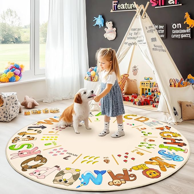Kids Rugs for Playroom, 4'x4' Round Educational Rug for Learn The ABC Alphabet, Soft Machine Washable Non-Slip Cute Animal Carpet for Classroom Toddler Nursery Kids Room Decor Mat, Beige