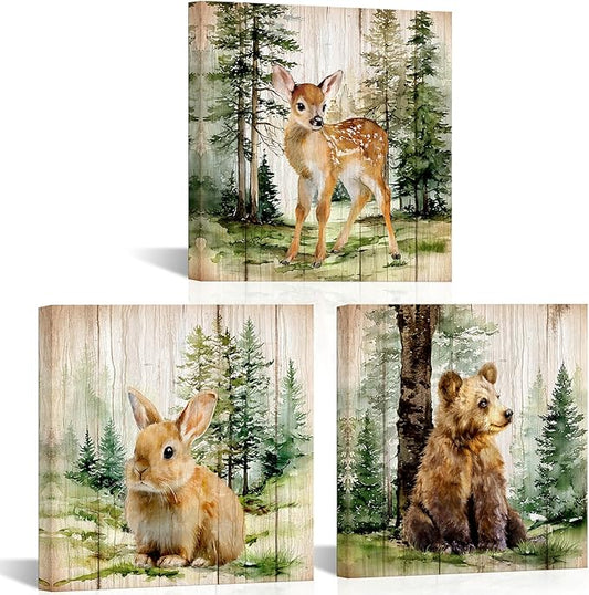 HOMEOART Bear Deer Rabbit Wall Art Animal in Forest Pictures Rustic Cabin Farmhouse Nursery Wall Decor Framed Canvas Wall Art, 12x12inchx3 Pieces