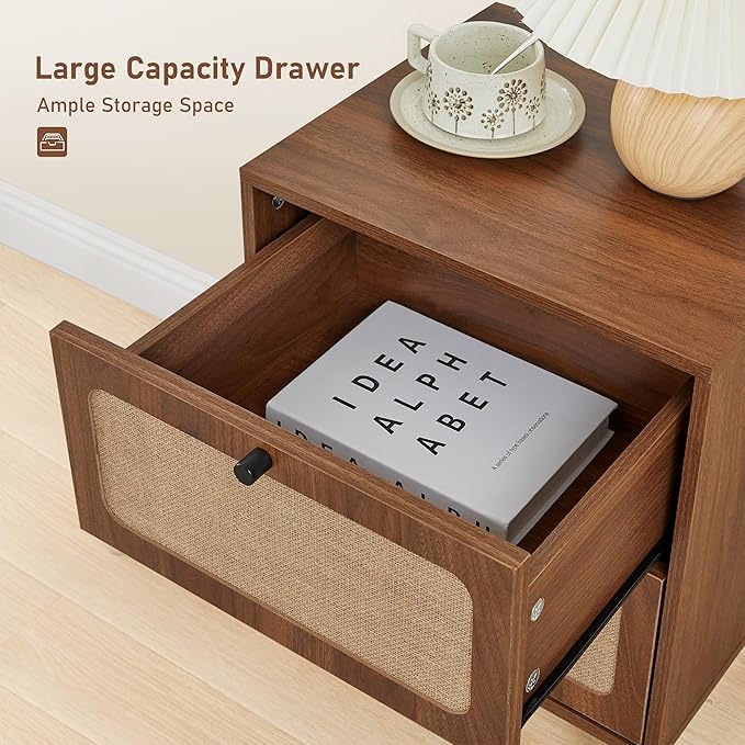 16" Wooden Nightstand with 2 Storage Drawer, Farmhouse Bedside End Table with Linen Decor, Mid Century Modern for Night Stand Bedroom, Living Room & Small Spaces (Walnut)