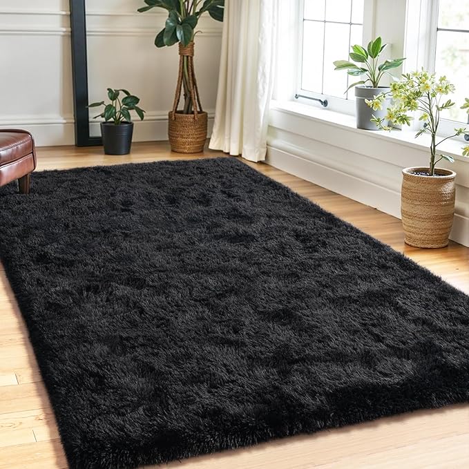 Area Rugs for Bedroom Living Room, 4x6 Soft Large Fluffy Fuzzy Shag Plush Furry Carpet, Soft Indoor Floor Mat for Kids Nursery Home Dorm Office Decor Aesthetic, Black