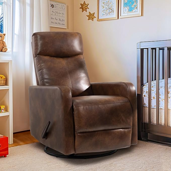 Swivel Rocking Recliner Chair for Small Space, Manual Swivel Glider Recliner for Nursery,RV,Rocking Recliner with Footrest and Side Pocket (Light Brown)