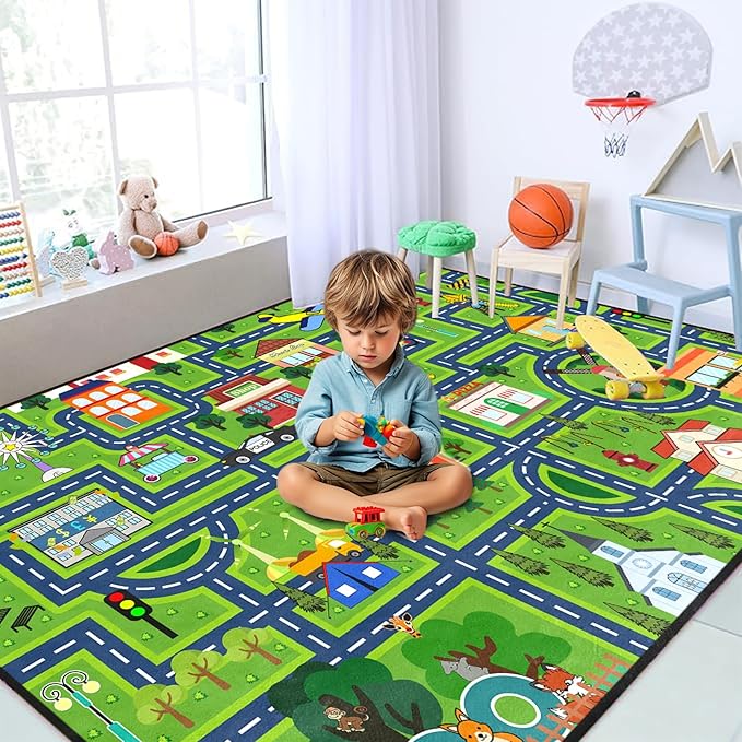 Car Rugs for Kids - Car Track Carpet Road Rug for Bedroom Road Map Carpet Kids Toy Play Mat Farm, 3x5 Feet