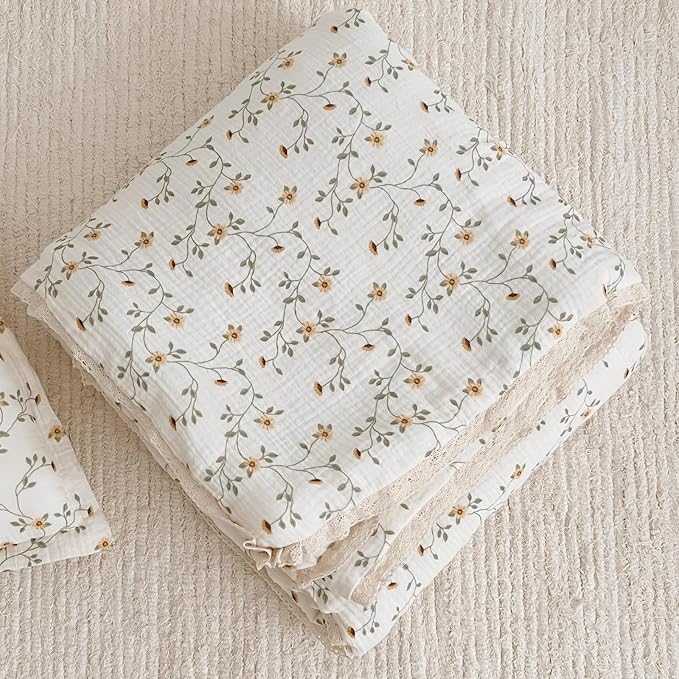 BuLuTu Muslin Toddler Quilt Cute Baby Comforter for Crib, Soft Lightweight Muslin Blankets for Girls Boys, Wildflower Pattern, 47"x59"