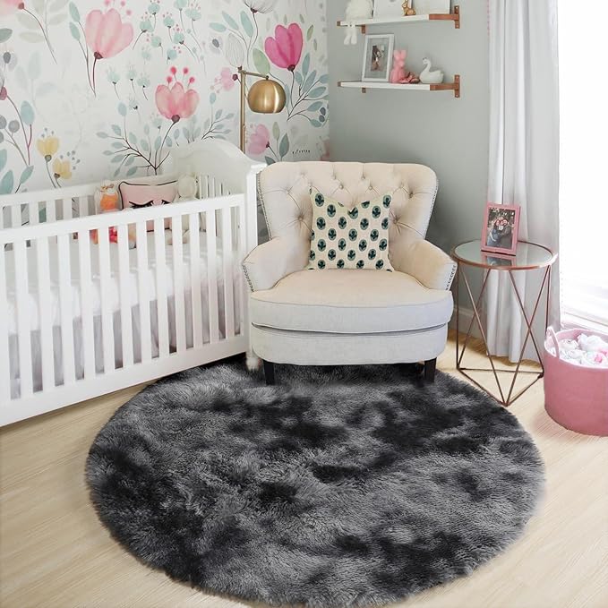 Amdrebio Tie-Dyed Dark Grey Round Area Rugs for Living Room, 6x6 Rug, Soft Thick Large Circle Rug for Bedroom, Big Shag Fluffy Fuzzy Carpet for Mens Boys Kids Room, Modern Cool Floor Circular Rug