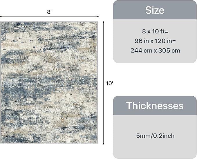 8x10 Area Rugs Washable Blue Rug for Living Room Bedroom, Abstract Modern Large Rug Non Slip, Water Repellent Low Pile Soft Carpet for Dining Room, Navy Blue