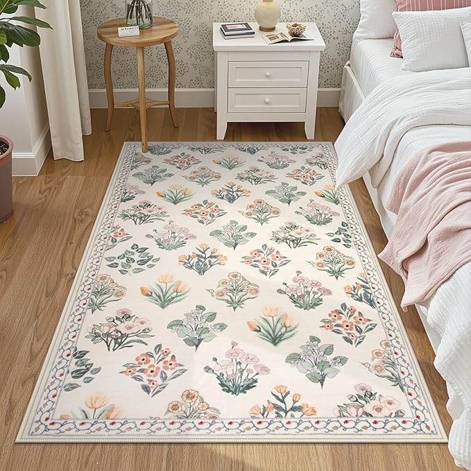 Wonnitar Floral Machine Washable 3x5 Rug, Small Area Rug for Kids Bedroom Nursery, Ultra-Thin Non Slip Soft Moroccan Throw Carpet for Dorm Living Room Large Entryway, Cream Beige