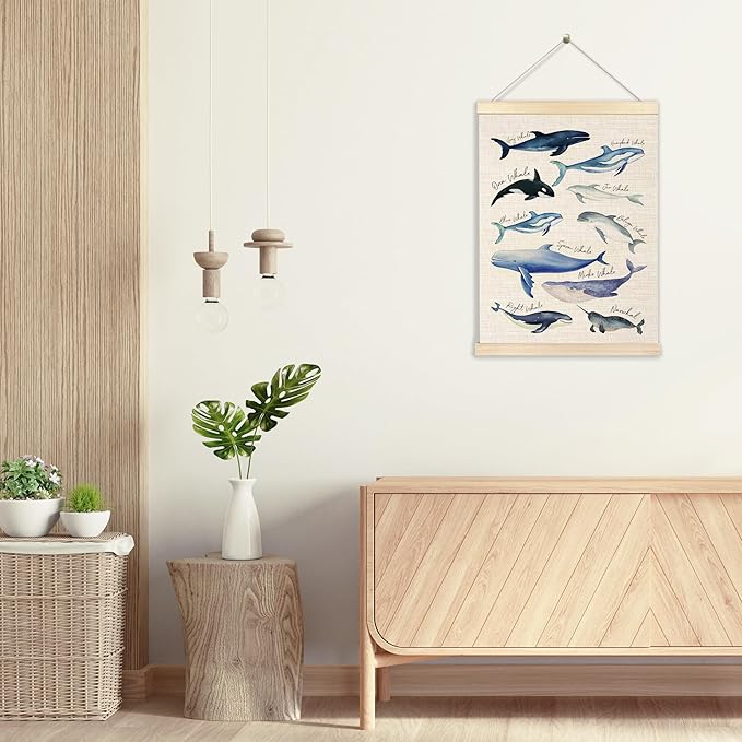 Ecezatik Species of Whales Wall Art with Wooden Poster Hanger, Whale Posters, Beach Room Decor, Ocean Room Decor, Whale Wall Art Decor for for Classroom Nursery Kids Room Playroom, 12x16 Inch