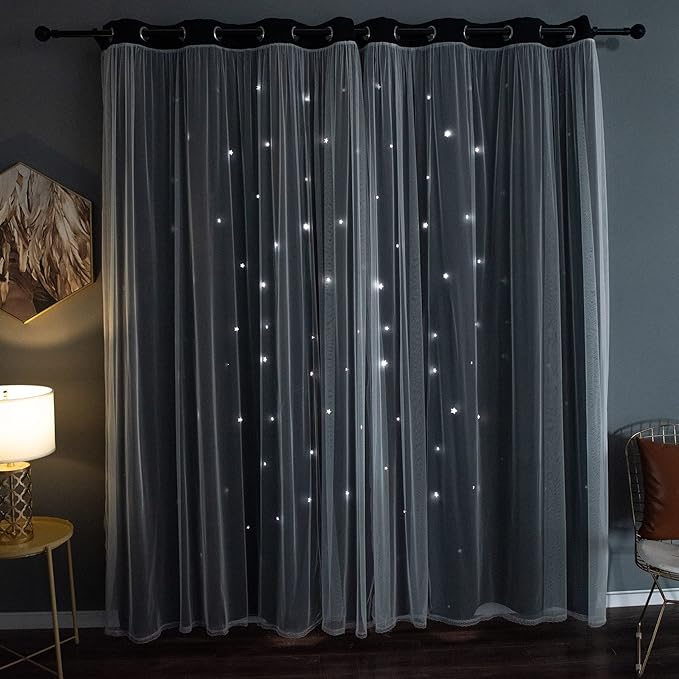 Kinryb Black Star Cutout Blackout 95 Inches Curtains Double Layer with Sheer Overly Curtains for Bedroom Thermal Insulated Window Treatment Set with 2 Free Tiebacks (52W x 95L 2 Panels Black)