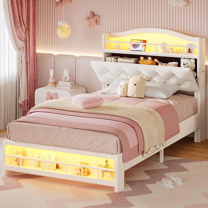 BTHFST Twin Szie Girls Bed with LED Lights & Charging Station, Princess Twin Size Bed Frame with Hidden Storage Headborad, Sturdy Platform Bed, No Box Spring Needed/Noise-Free/Easy Assembly, Beige
