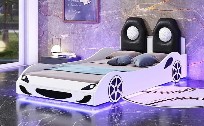 Harper & Bright Designs Wood Twin Size Race Car-Shaped Platform Bed with LED and Upholstered Backrest, White