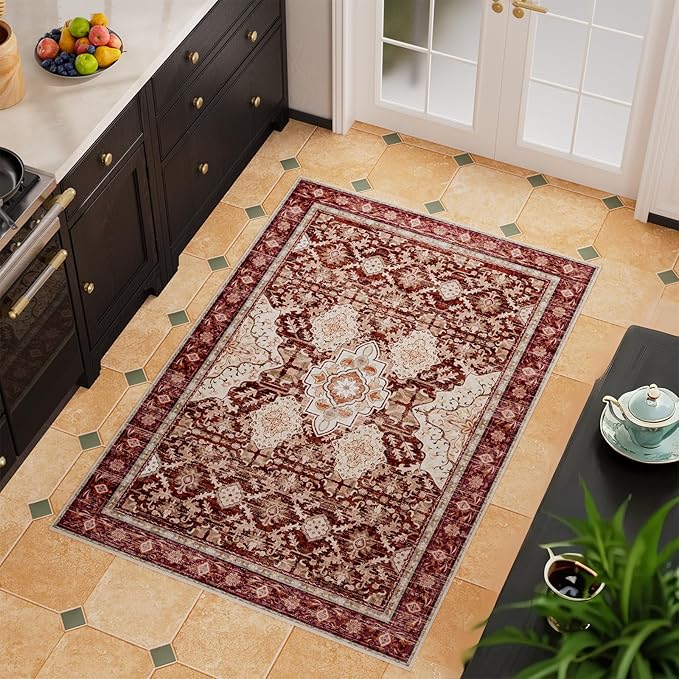 AMTOVO 2x3 Washable Entryway Area Rug Door Mat, Vintage Boho Distressed Print Pattern Non-Slip Carpet, Small Throw Rug for Indoor Entrance Kitchen Bedroom Bathroom Laundry Floor, Vintage Red