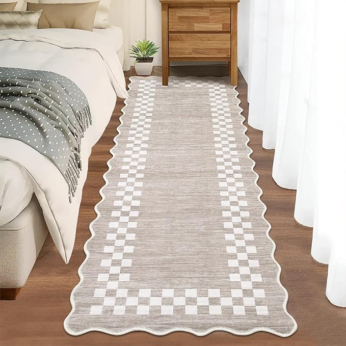 GarveeHome Hallway Runner Rug 2x6 Non Slip Scalloped Washable Rug for Kitchen Entry Stain Resistant Modern Border Throw Floor Carpet Long Runner Mat for Bathroom Living Room Bedside, Fog