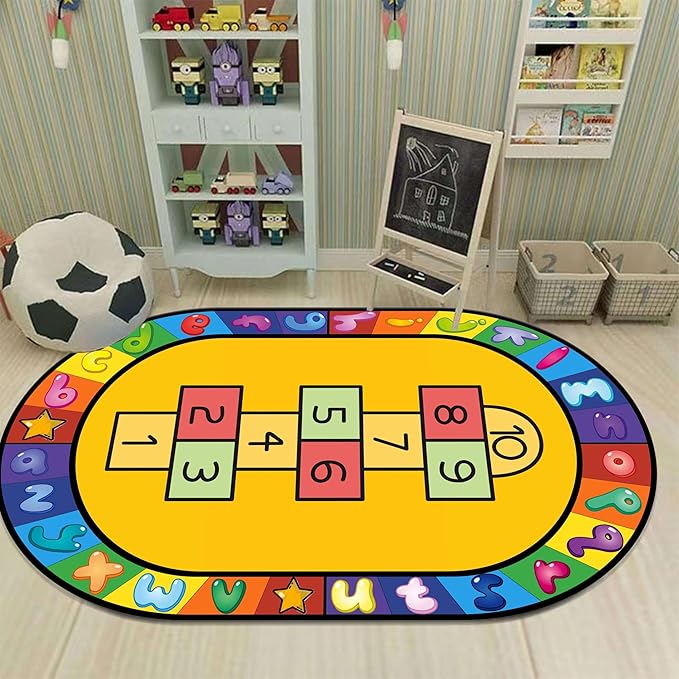 Kids Hopscotch Area Rug, 6x8ft, Playmat for Boys & Girls, Alphabets and Numbers Educational Learning & Fun Game Oval Rug, Soft Non-Slip Machine Washable Rug for Playroom Classroom Nursery