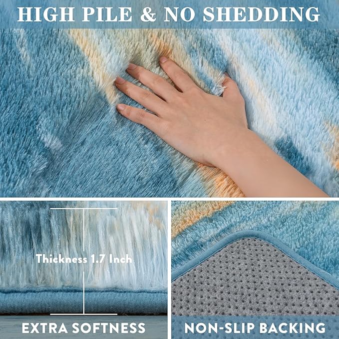 Fluffy Rugs for Living Room Bedroom, 5x7 Feet Abstract Blue Shag Area Rugs, Non-Slip Indoor Modern Fuzzy Plush Floor Carpet for Dorm Nursery Kids Room Decor, Soft Shaggy Throw Rug