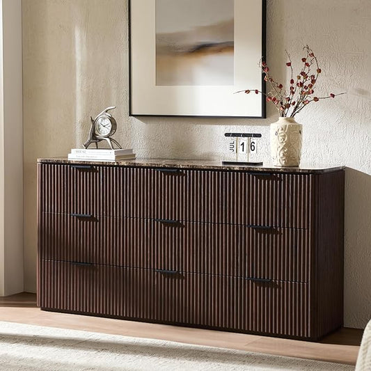 Fluted 9 Drawer Dresser for Bedroom, 63" Wide Modern Chest of Drawers with Faux Marble Top, Curved Corners Design, Wooden Dresser TV Stand with Organizer Storage for Living Room (Dark Oak, 63" W)