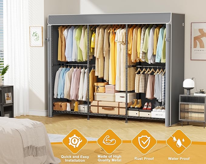 E14C Heavy Duty Closet Organizer System，Freestanding Clothing Racks for Hanging Clothes，Adjustable Garment Rack 70.1" W × 16.6" D × 76.4" H Hold 960 lbs，Black Rack with Grey Dustproof Cover