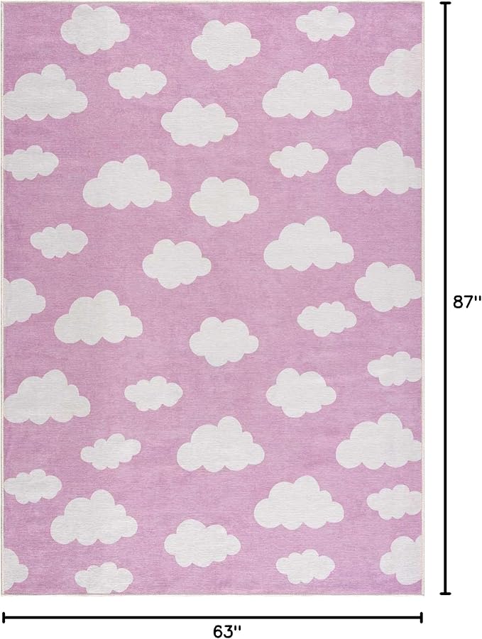 Hauteloom Nizar Girls Room, Nursery Machine Washable Area Rug - Clouds - Pink, Cream - 5'3" x 7'3"
