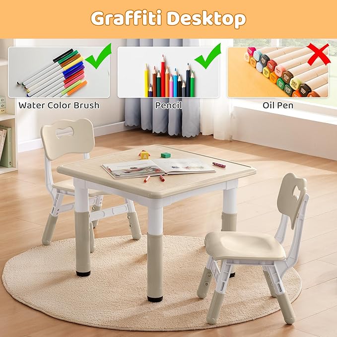Kids Table & Chairs Set (2 Chairs) Height Adjustable for Ages 2-8 | Non-Slip Toddler Activity Table with Wipe-Clean Desktop, Montessori Learning & Art Drawing Tables for Home Preschool