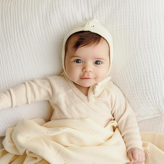 Organic Unisex Pointelle Receiving Swaddle Blanket for Boys & Girls - 100% Luxury Organic Soft Cotton Knit Warm Cuddle Stroller Blanket for Newborns, Infants, & Toddlers (Butter Cream)