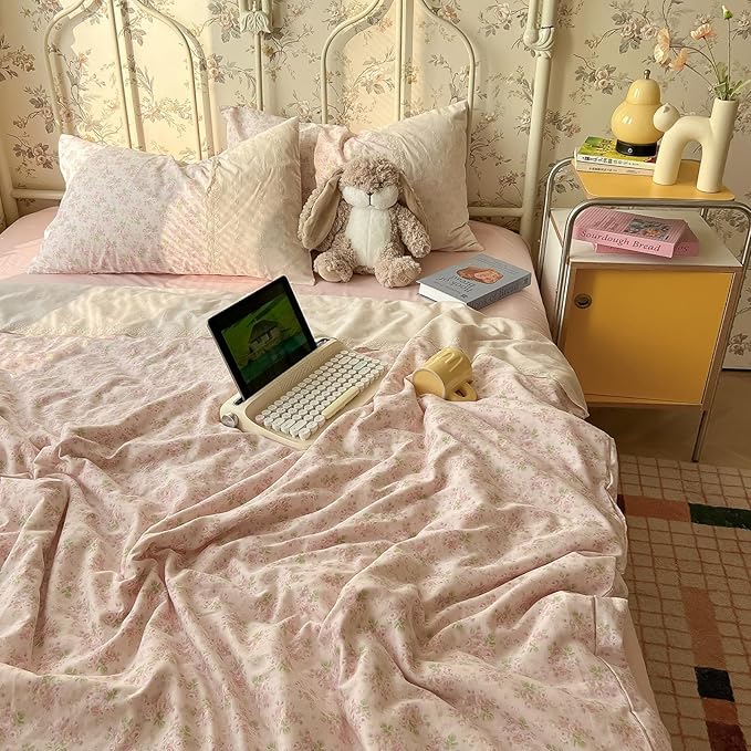 LifeTB Pink Floral Duvet Cover Queen Romantic Lace Bedding Set Garden Style Cottagecore Flower Duvet Cover with Zipper Closure Soft Washed Microfiber Botanical Comforter Cover for Teen Girls