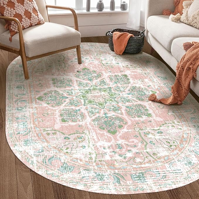 Vhong Washable Boho Area Rugs Vintage Modern High Traffic Carpet Dusty Pink and Green 4×6 Oval Non Slip Rugs for Dinning Room Living Room Bedroom Farmhouse