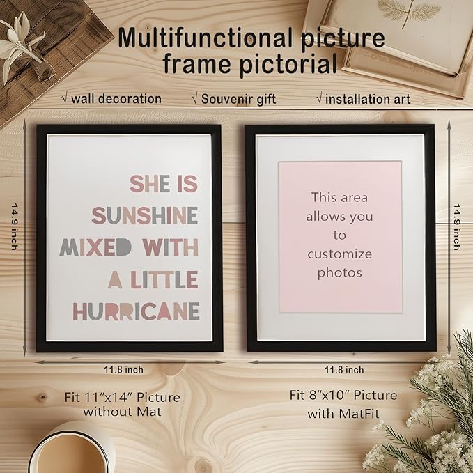 PHAMTE Nursery Boho Girls Bedroom Framed Wall Art Prints Posters Decor, She is Sunshine Mixed with a Little Hurricane Sun Pictures Framed Artwork for Walls Room Bedroom Home Playroom(11x14 Inch)