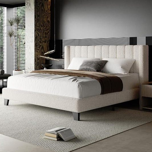 Queen Bed Frame with Headboard Upholstered Platform Bed Frame with Teddy Velvet Headboard, Wooden Slats Support/Wing Edge Design/No Box Spring Needed/Easy Assembly, Beige Queen