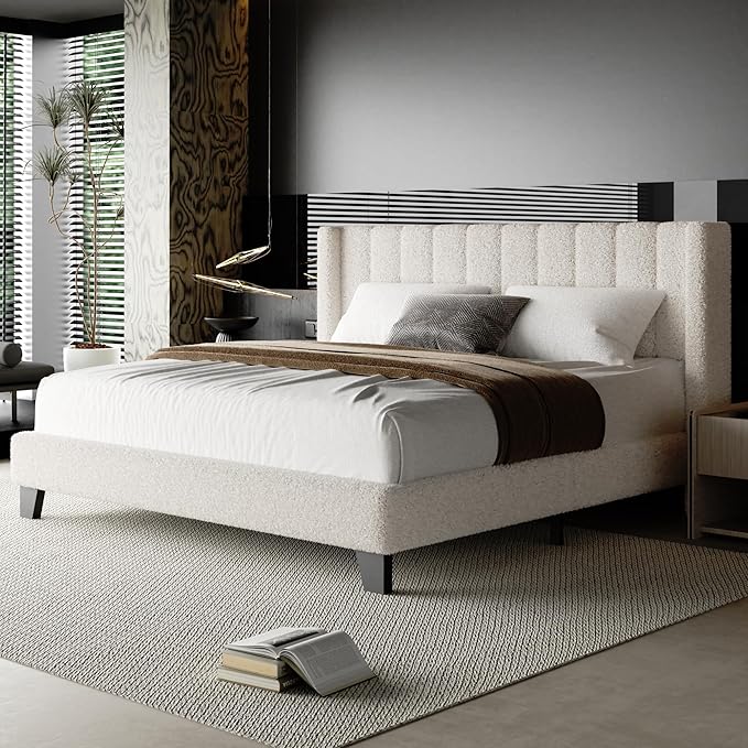King Bed Frame with Headboard Upholstered Platform Bed Frame with Teddy Velvet Headboard, Wooden Slats Support/Wing Edge Design/No Box Spring Needed/Easy Assembly, Beige King